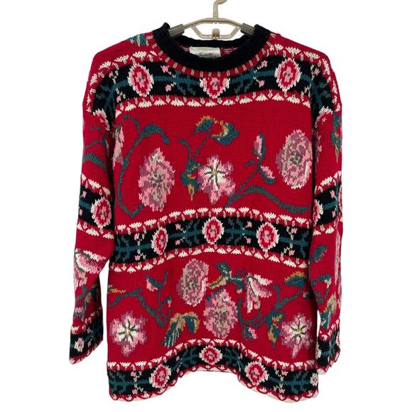 Express Vintage 80s Hand Knit Floral Tunic Sweater Oversized XS S Medium - Picture 1 of 7